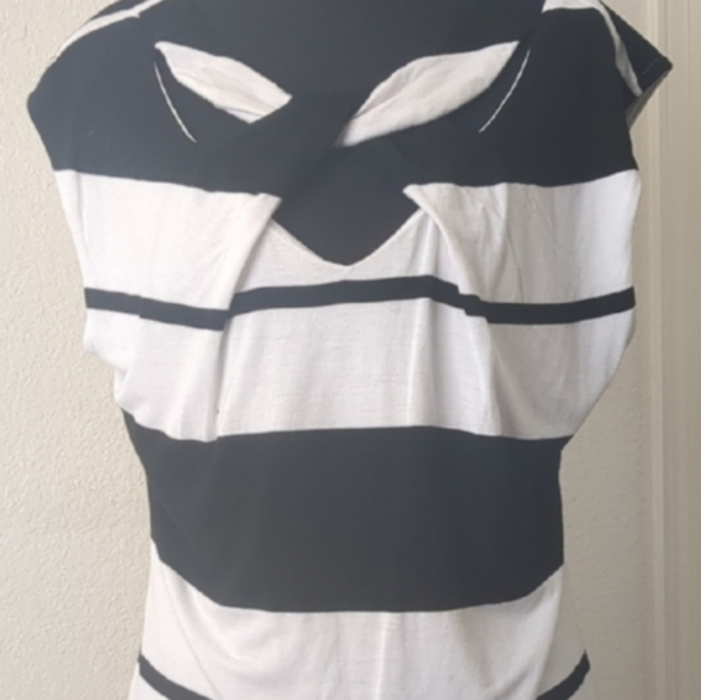 Black White Striped Cap Sleeve Top Draped Neck Stretch Blouse Classic Nautical